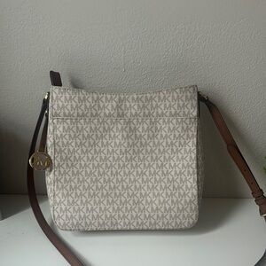 Michael Kors Cream and Brown Crossbody Bag with Monogram Print